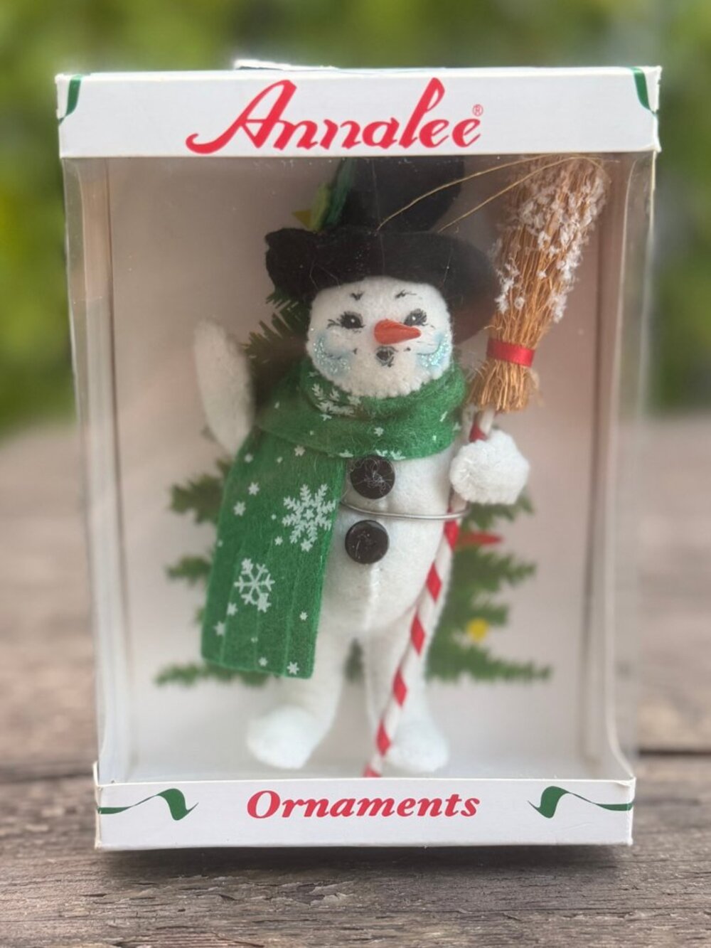 ANNALEE Snowman Christmas Ornament Green Scarf Broom NEW in Orig Box (unopened)